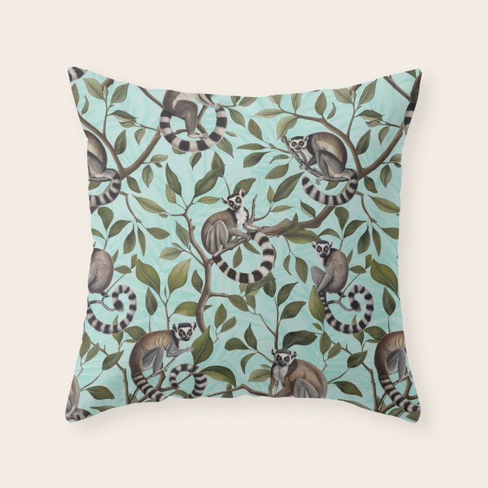 Lush Tropical Lemur Monkey Paradise Turquoise Throw Pillow Gallery Image 6