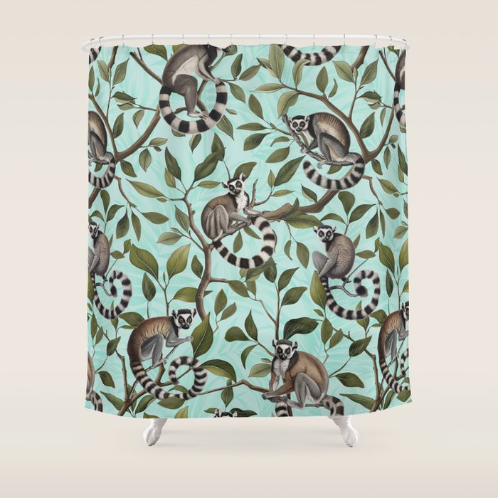 Lush Tropical Lemur Monkey Paradise Turquoise Shower Curtain Gallery Image 1