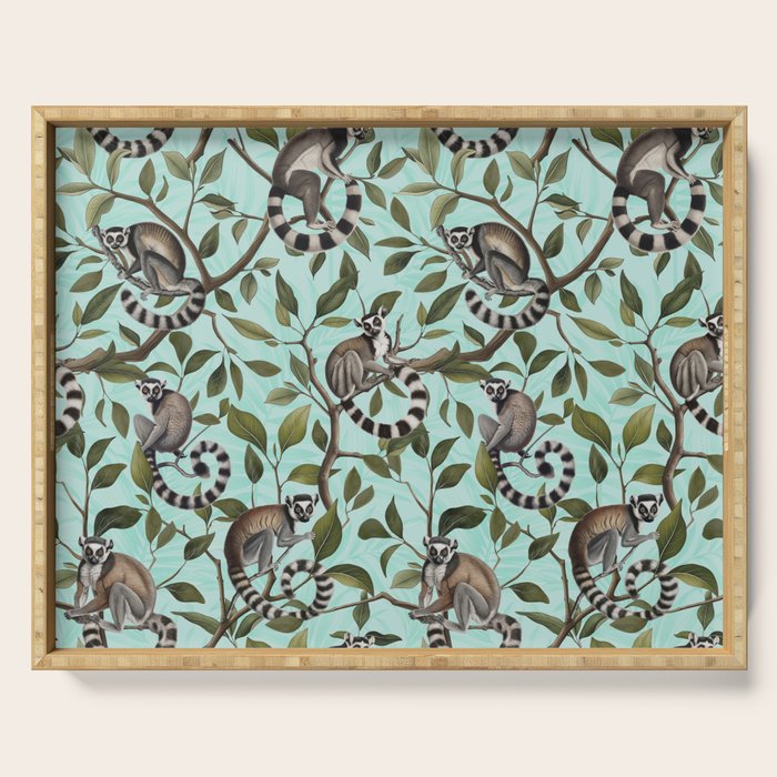 Lush Tropical Lemur Monkey Paradise Turquoise Serving Tray Gallery Image 1