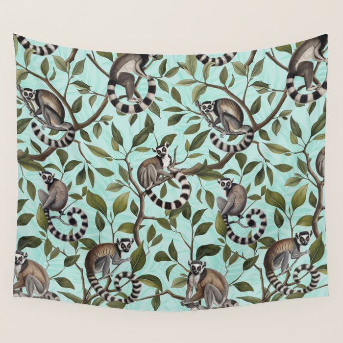 Lush Tropical Lemur Monkey Paradise Turquoise Wall Tapestry Gallery Image 4