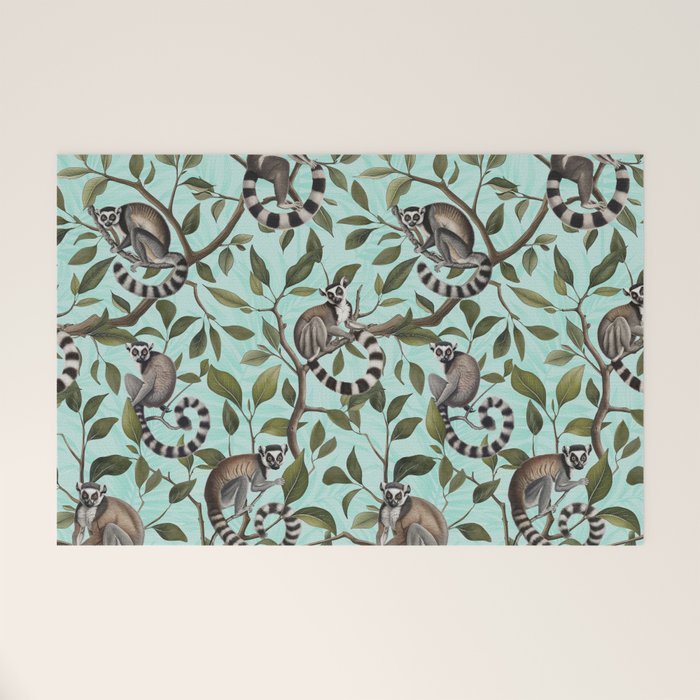 Lush Tropical Lemur Monkey Paradise Turquoise Welcome Mat Gallery Image 1