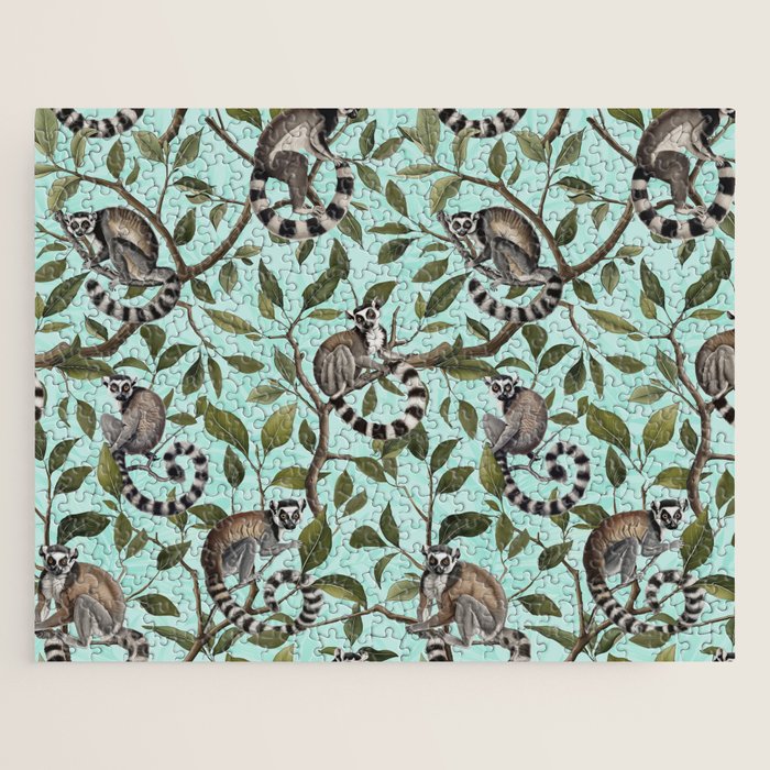 Lush Tropical Lemur Monkey Paradise Turquoise Jigsaw Puzzle Gallery Image 1