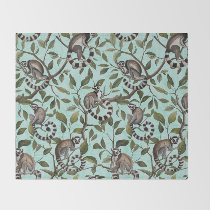 Lush Tropical Lemur Monkey Paradise Turquoise Throw Blanket Gallery Image 2