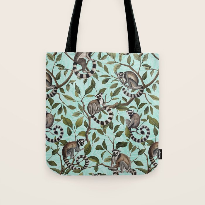 Lush Tropical Lemur Monkey Paradise Turquoise Tote Bag Gallery Image 1