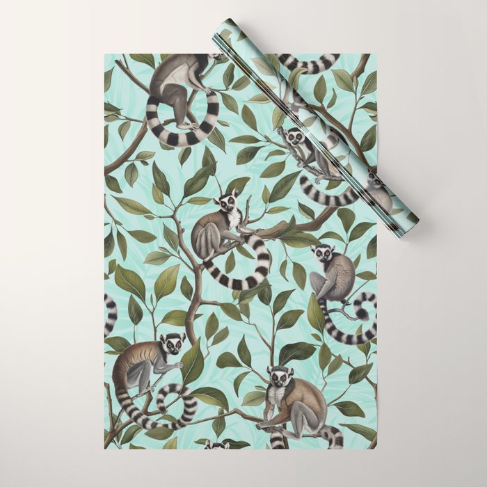 Lush Tropical Lemur Monkey Paradise Turquoise Wrapping Paper Gallery Image 1