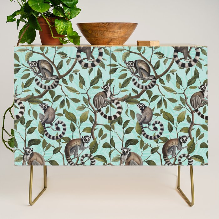 Lush Tropical Lemur Monkey Paradise Turquoise Credenza Gallery Image 1