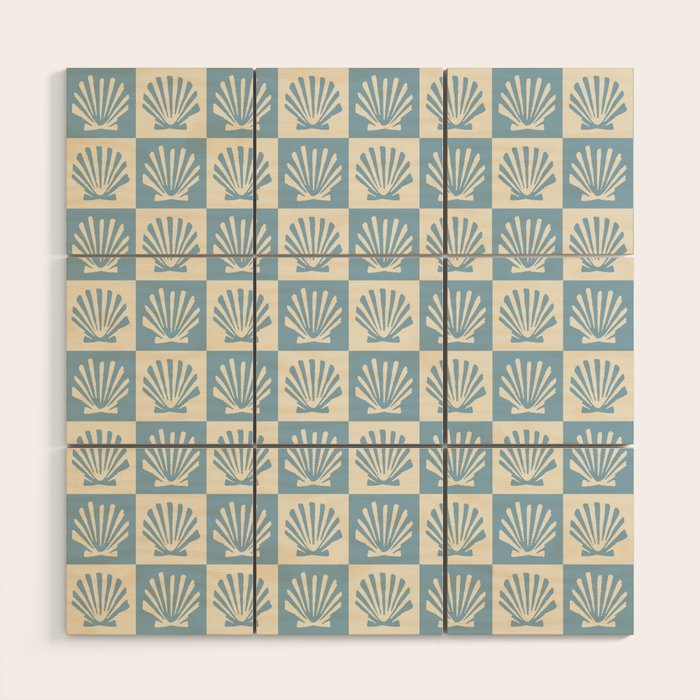 Minimal Coastal Checkerboard with Seashell Motif Wood Wall Art Gallery Image 1