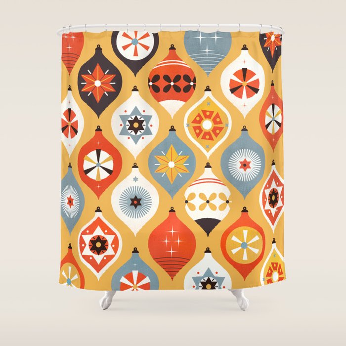 Festive Old-fashioned Christmas Tree Baubles Shower Curtain Gallery Image 1