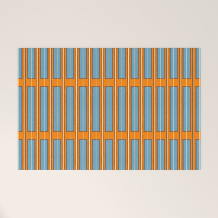 Eclectic Geometric Colorful Geo Box Retro Striped Pattern Orange Blue Brown Cream Welcome Mat Gallery Image 1