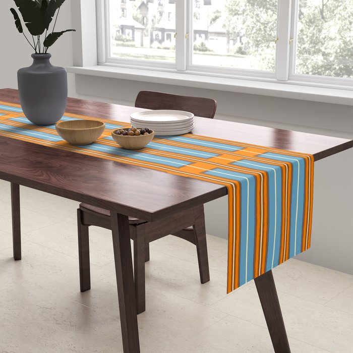 Eclectic Geometric Colorful Geo Box Retro Striped Pattern Orange Blue Brown Cream Table Runner Gallery Image 2