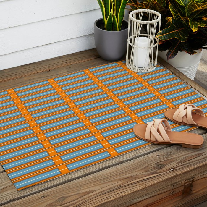 Eclectic Geometric Colorful Geo Box Retro Striped Pattern Orange Blue Brown Cream Outdoor Rug Gallery Image 2