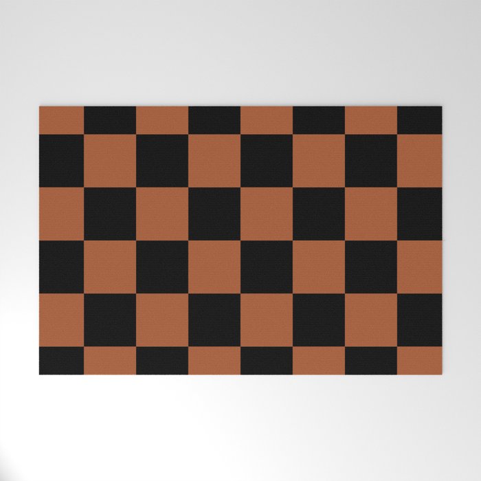 Checkerboard Check Geometric Checked Pattern Rust and Black Welcome Mat Gallery Image 1