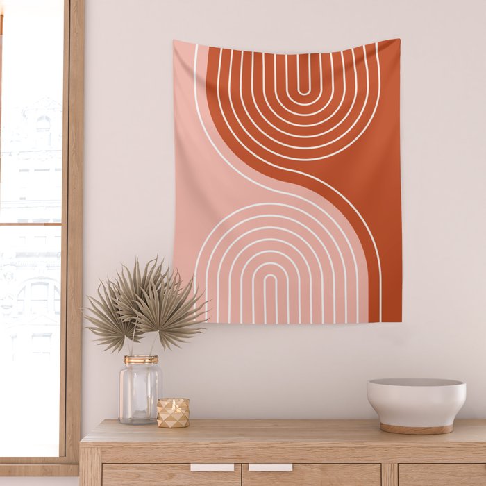 Geometric Lines in Terracotta Rose Gold 19 (Rainbow and Lines Abstraction) Wall Tapestry Gallery Image 2