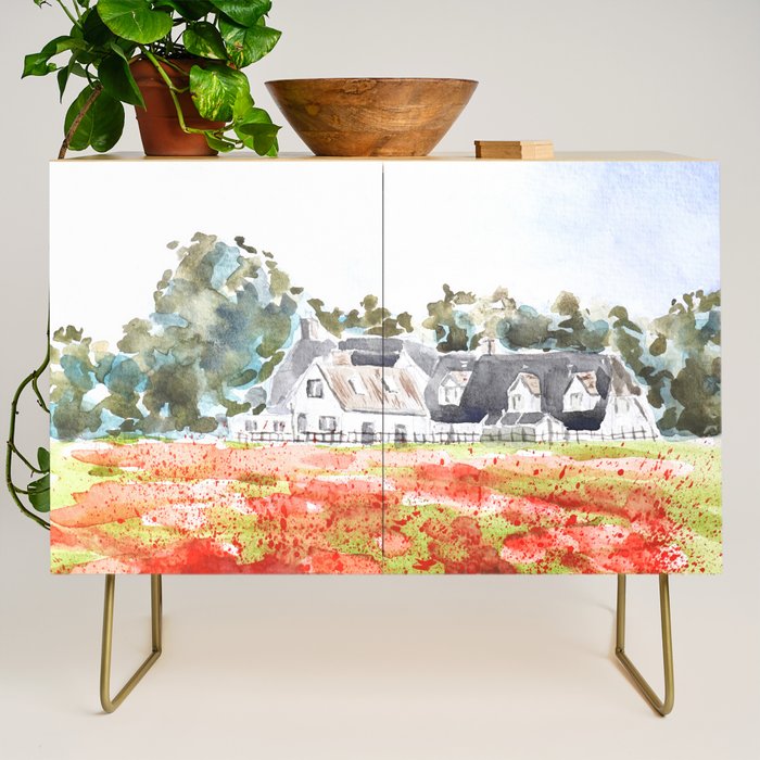 orange poppy field watercolour  Credenza Gallery Image 1