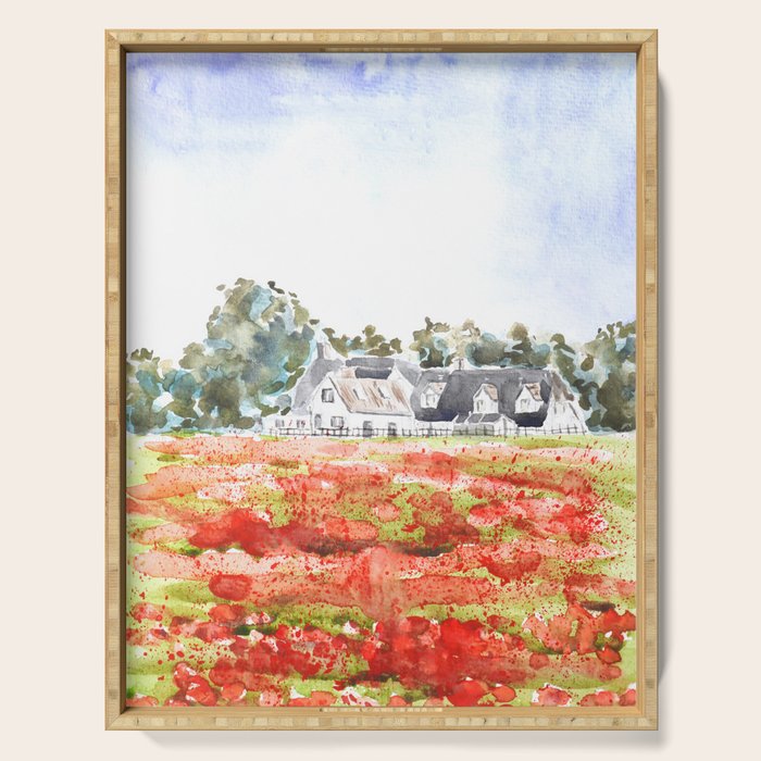 orange poppy field watercolour  Serving Tray Gallery Image 1