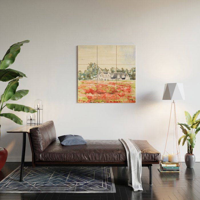 orange poppy field watercolour  Wood Wall Art Gallery Image 2
