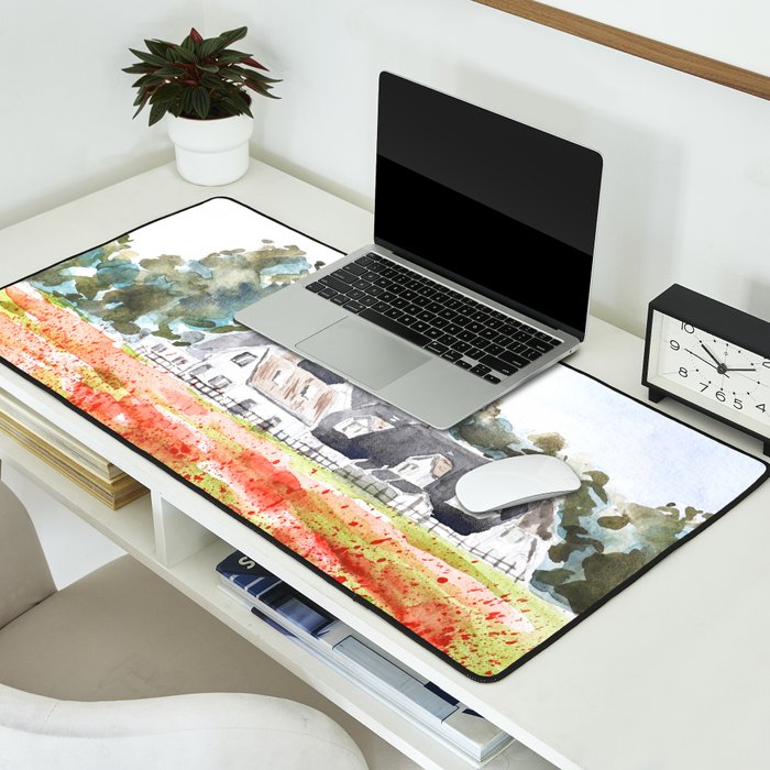 orange poppy field watercolour  Desk Mat Gallery Image 2