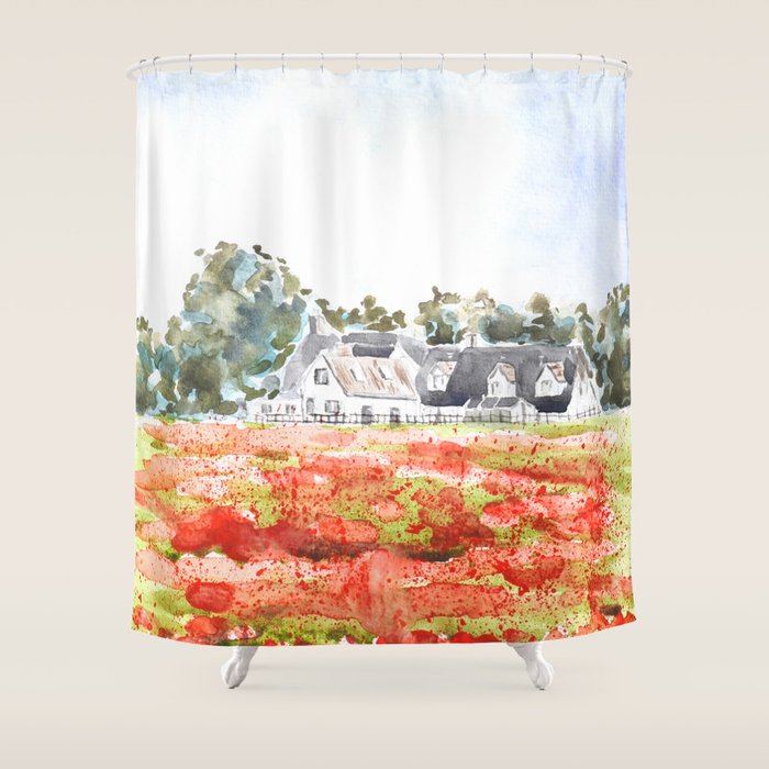 orange poppy field watercolour  Shower Curtain Gallery Image 1