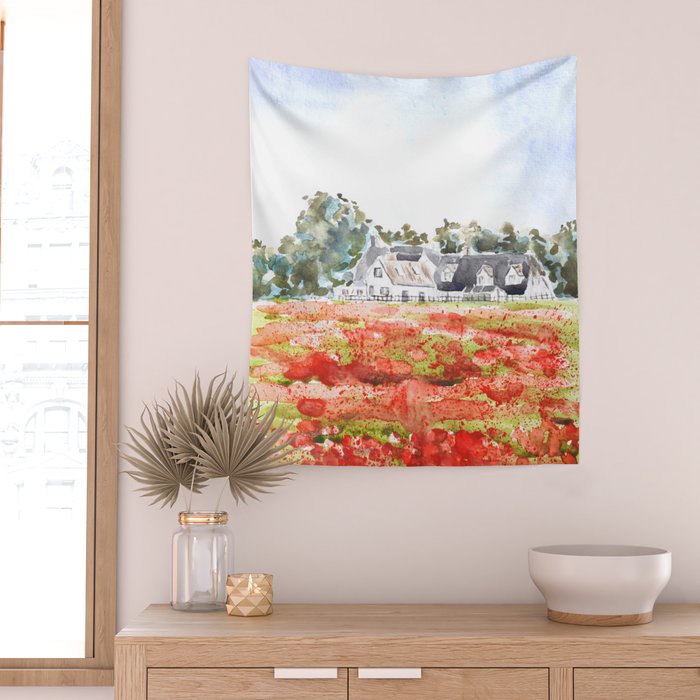 orange poppy field watercolour  Wall Tapestry Gallery Image 2