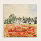 orange poppy field watercolour  Wood Wall Art Gallery Image 1