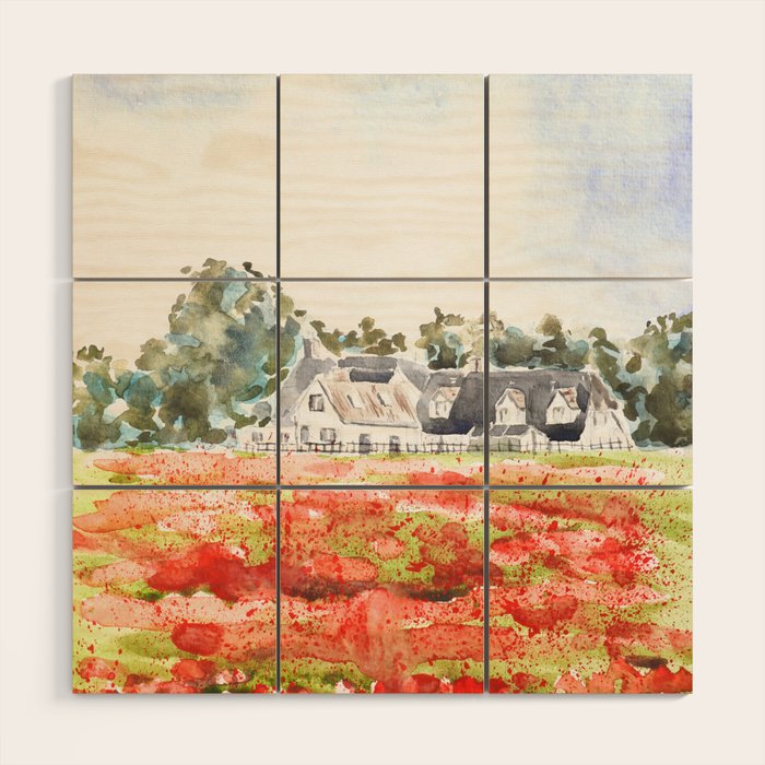 orange poppy field watercolour  Wood Wall Art Gallery Image 1