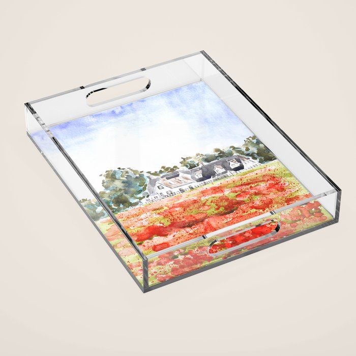 orange poppy field watercolour  Acrylic Tray Gallery Image 1