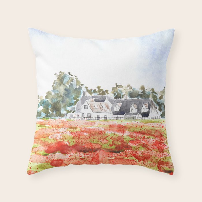 orange poppy field watercolour  Throw Pillow Gallery Image 6