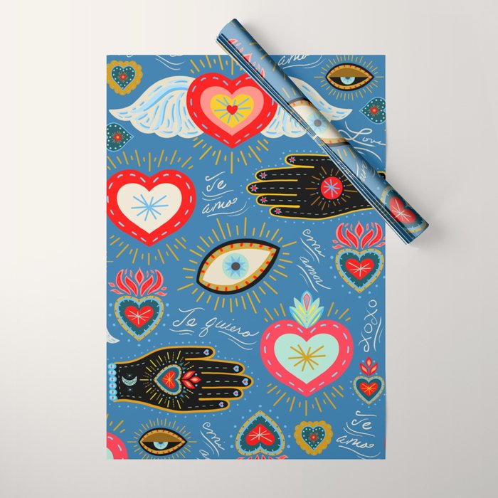 Milagro love hearts - blue Wrapping Paper Gallery Image 1