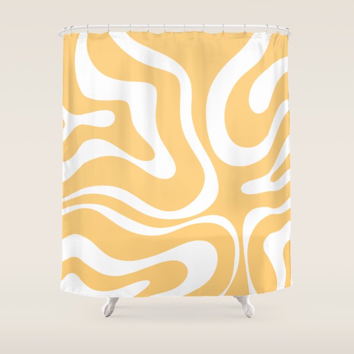 Modern Retro Liquid Swirl Abstract Pattern in Soft Mustard Yellow and White Shower Curtain Gallery Image 1