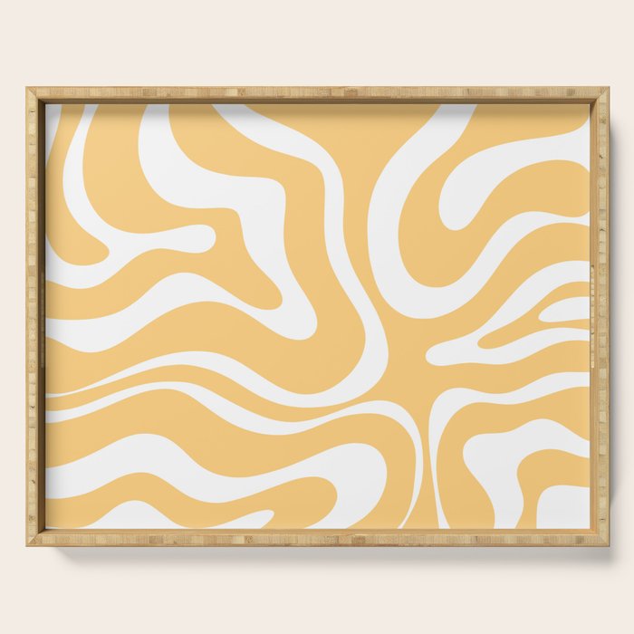 Modern Retro Liquid Swirl Abstract Pattern in Soft Mustard Yellow and White Serving Tray Gallery Image 1