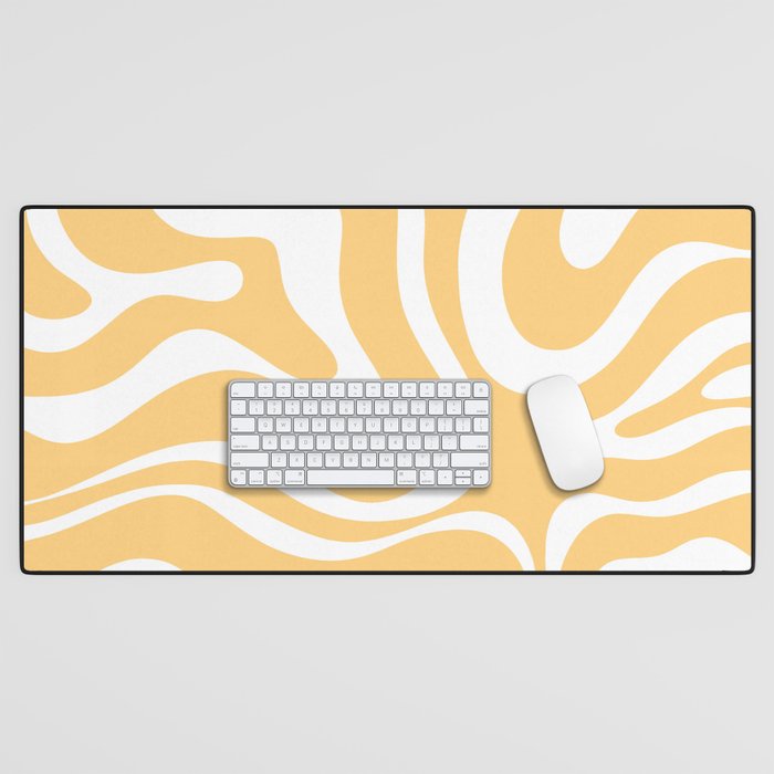 Modern Retro Liquid Swirl Abstract Pattern in Soft Mustard Yellow and White Desk Mat Gallery Image 1