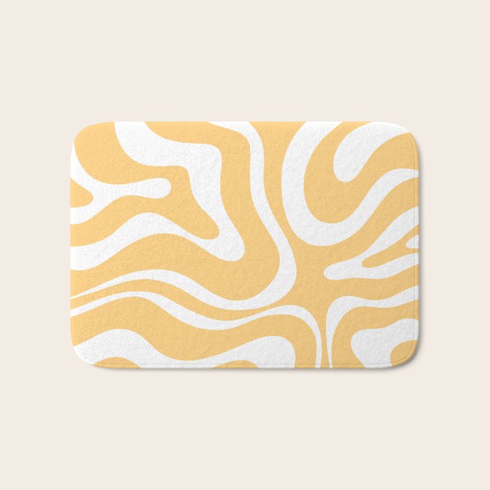 Modern Retro Liquid Swirl Abstract Pattern in Soft Mustard Yellow and White Bath Mat Gallery Image 1