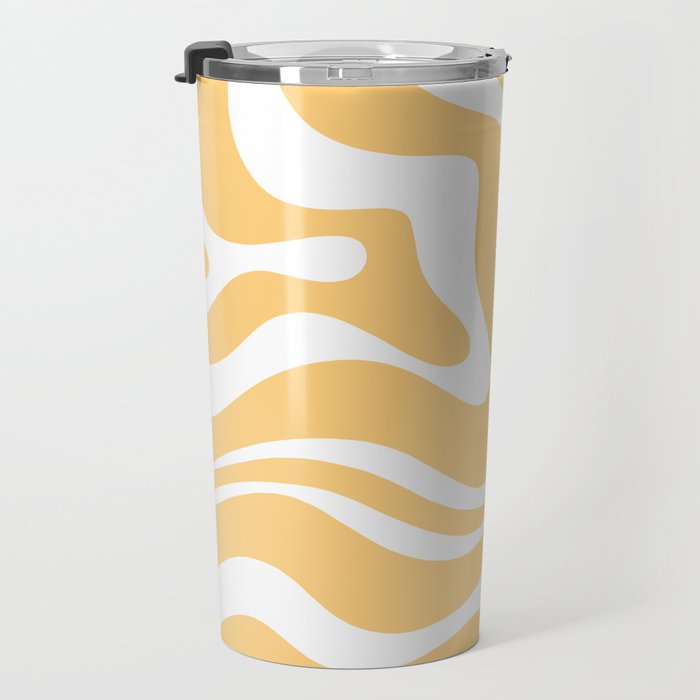 Modern Retro Liquid Swirl Abstract Pattern in Soft Mustard Yellow and White Travel Mug Gallery Image 3