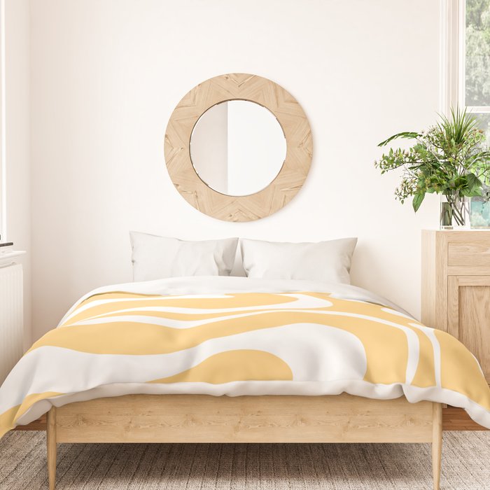 Modern Retro Liquid Swirl Abstract Pattern in Soft Mustard Yellow and White Duvet Cover Gallery Image 3