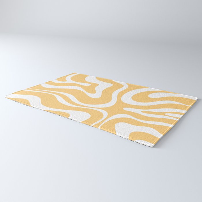 Modern Retro Liquid Swirl Abstract Pattern in Soft Mustard Yellow and White Rug Gallery Image 3