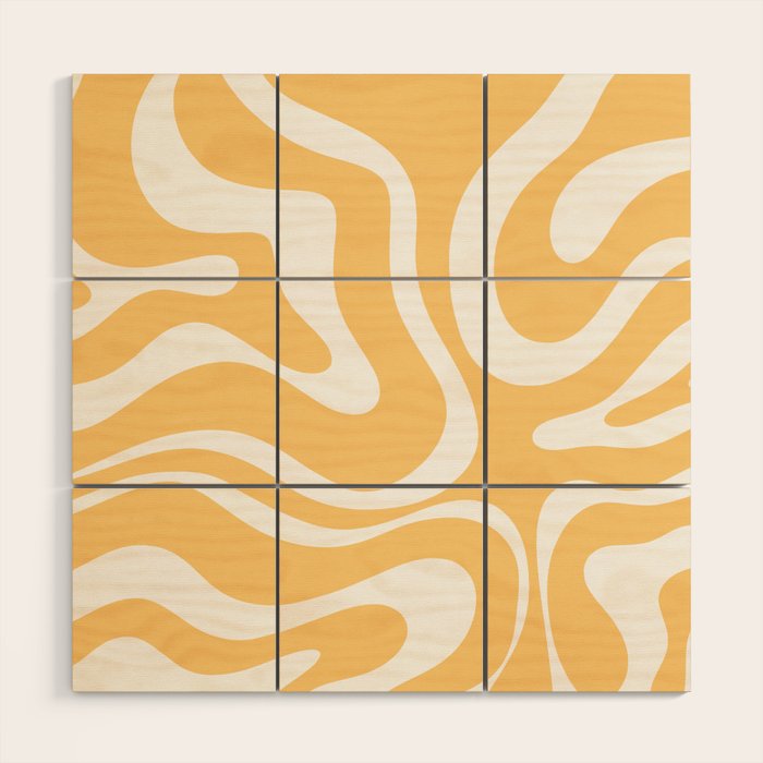 Modern Retro Liquid Swirl Abstract Pattern in Soft Mustard Yellow and White Wood Wall Art Gallery Image 1