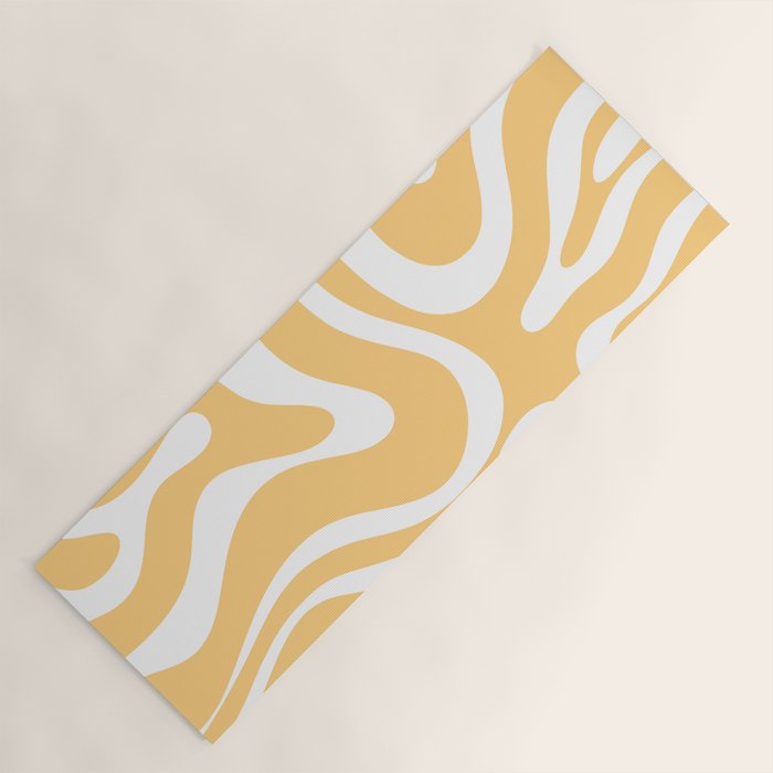 Modern Retro Liquid Swirl Abstract Pattern in Soft Mustard Yellow and White Yoga Mat Gallery Image 1