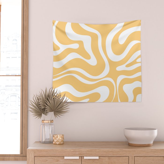 Modern Retro Liquid Swirl Abstract Pattern in Soft Mustard Yellow and White Wall Tapestry Gallery Image 2