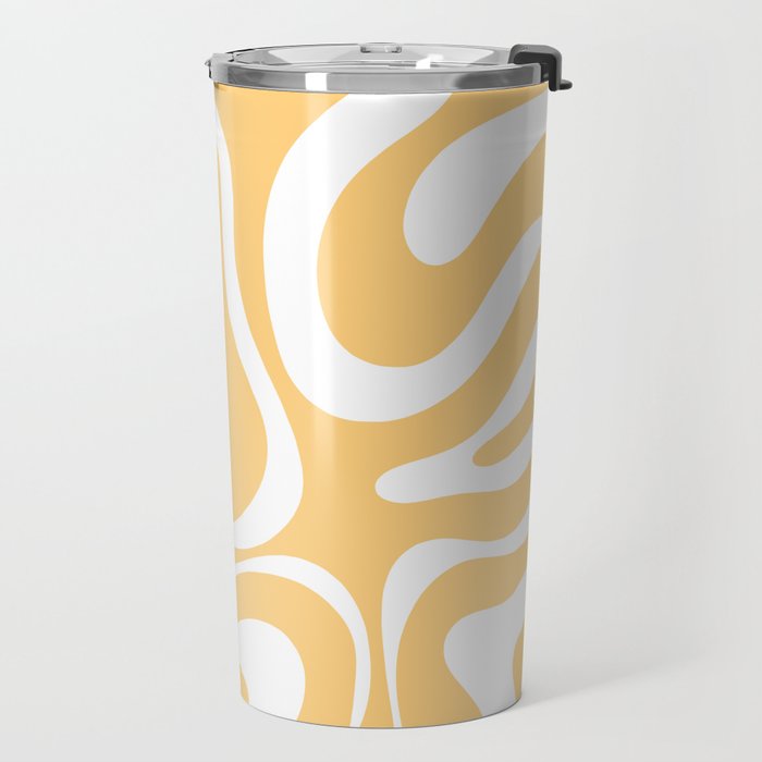 Modern Retro Liquid Swirl Abstract Pattern in Soft Mustard Yellow and White Travel Mug Gallery Image 2
