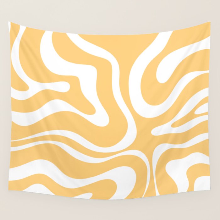 Modern Retro Liquid Swirl Abstract Pattern in Soft Mustard Yellow and White Wall Tapestry Gallery Image 1