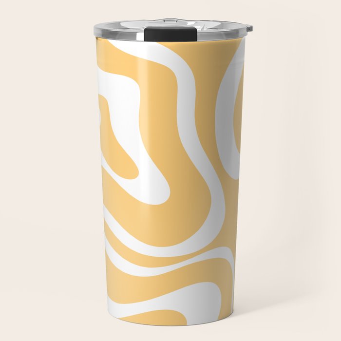 Modern Retro Liquid Swirl Abstract Pattern in Soft Mustard Yellow and White Travel Mug Gallery Image 1