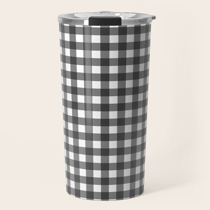 Gingham Check Pattern in Black and White (Charcoal) Travel Mug Gallery Image 1