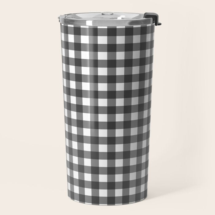 Gingham Check Pattern in Black and White (Charcoal) Travel Mug Gallery Image 2