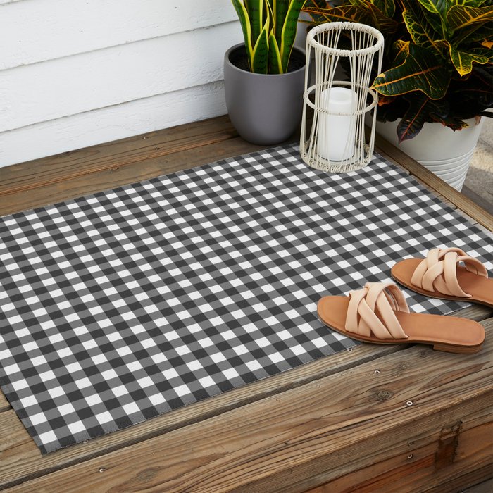 Gingham Check Pattern in Black and White (Charcoal) Outdoor Rug Gallery Image 2
