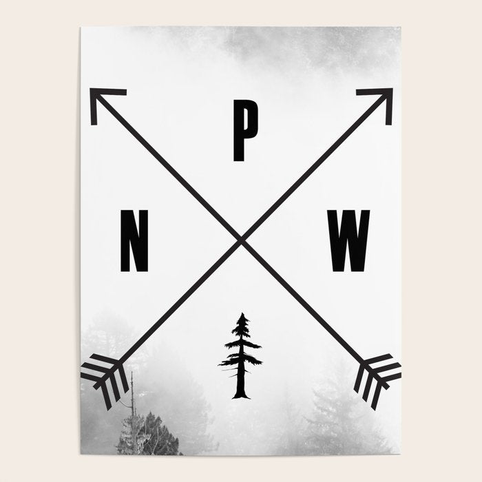 PNW Pacific Northwest Compass - Black and White Forest Poster Gallery Image 1