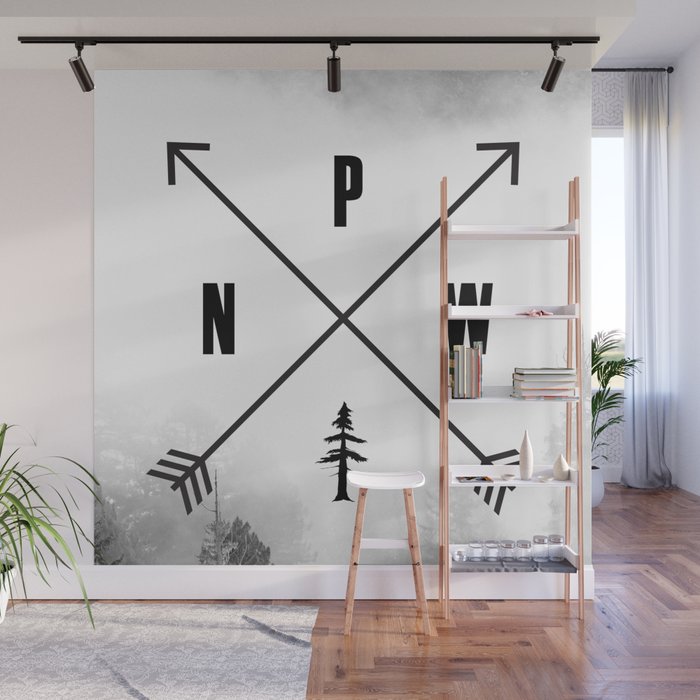 PNW Pacific Northwest Compass - Black and White Forest Wall Mural Gallery Image 1