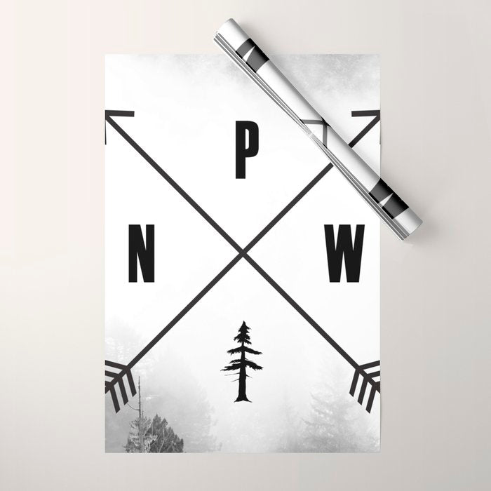 PNW Pacific Northwest Compass - Black and White Forest Wrapping Paper Gallery Image 1