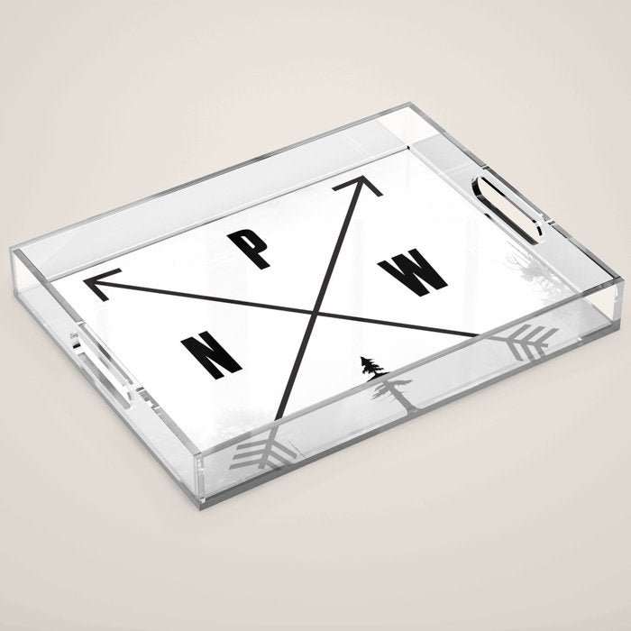 PNW Pacific Northwest Compass - Black and White Forest Acrylic Tray Gallery Image 1
