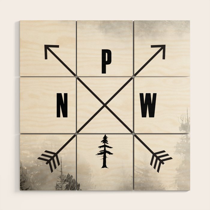 PNW Pacific Northwest Compass - Black and White Forest Wood Wall Art Gallery Image 1