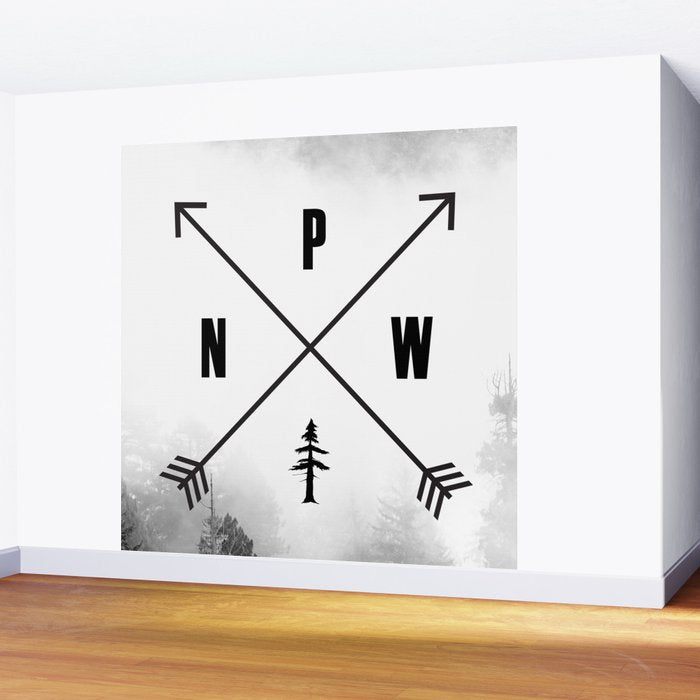 PNW Pacific Northwest Compass - Black and White Forest Wall Mural Gallery Image 2